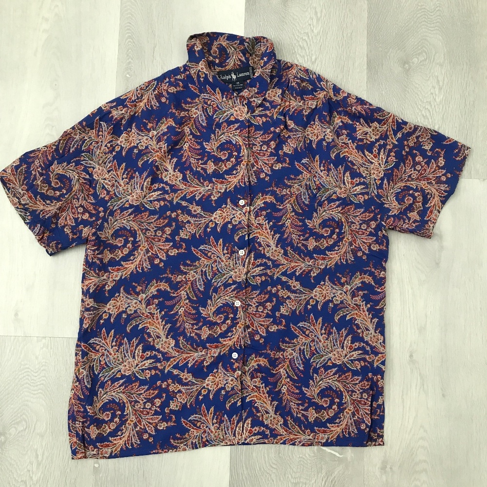 VINTAGE RALPH LAUREN CAMP SHIRT BLUE PAISLEY SHORT SLEEVE BUTTON WOMENS 14 - Picture 1 of 8